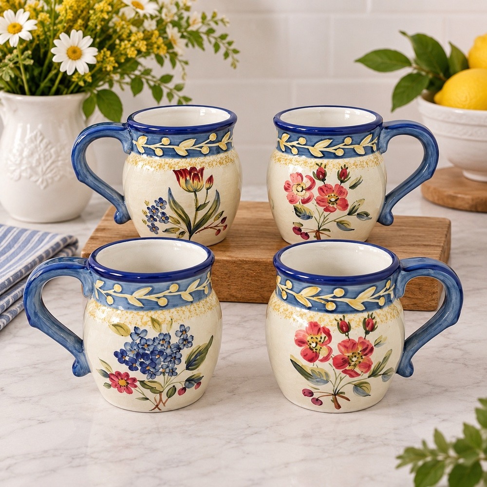 Certified International Flora Coffee Large Mugs Set of 4 Cream Cottagecore